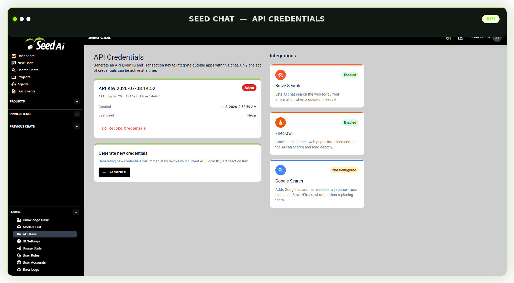 Seed AI API Credentials screen showing an active API key and a list of enabled and configurable third-party integrations