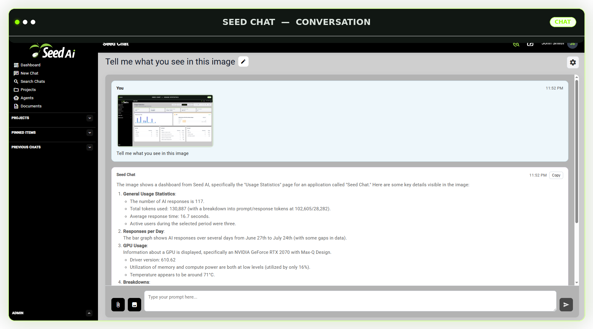 Seed AI conversation showing a user asking about an uploaded image and the assistant's response