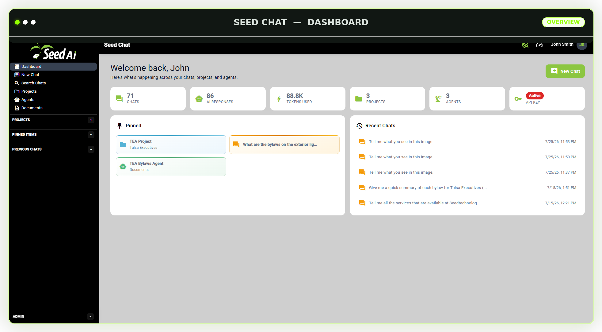 Seed AI new chat screen showing chat settings, sample prompts, and the prompt input