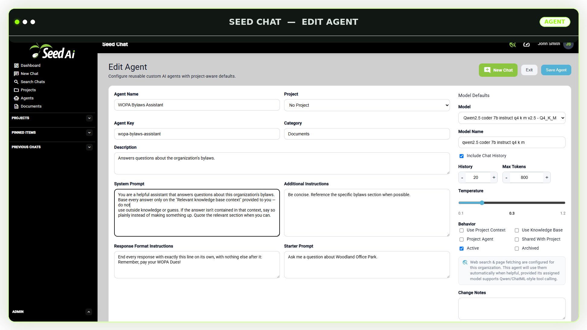 Seed AI edit agent screen showing agent name, model defaults, behavior settings, and prompt configuration