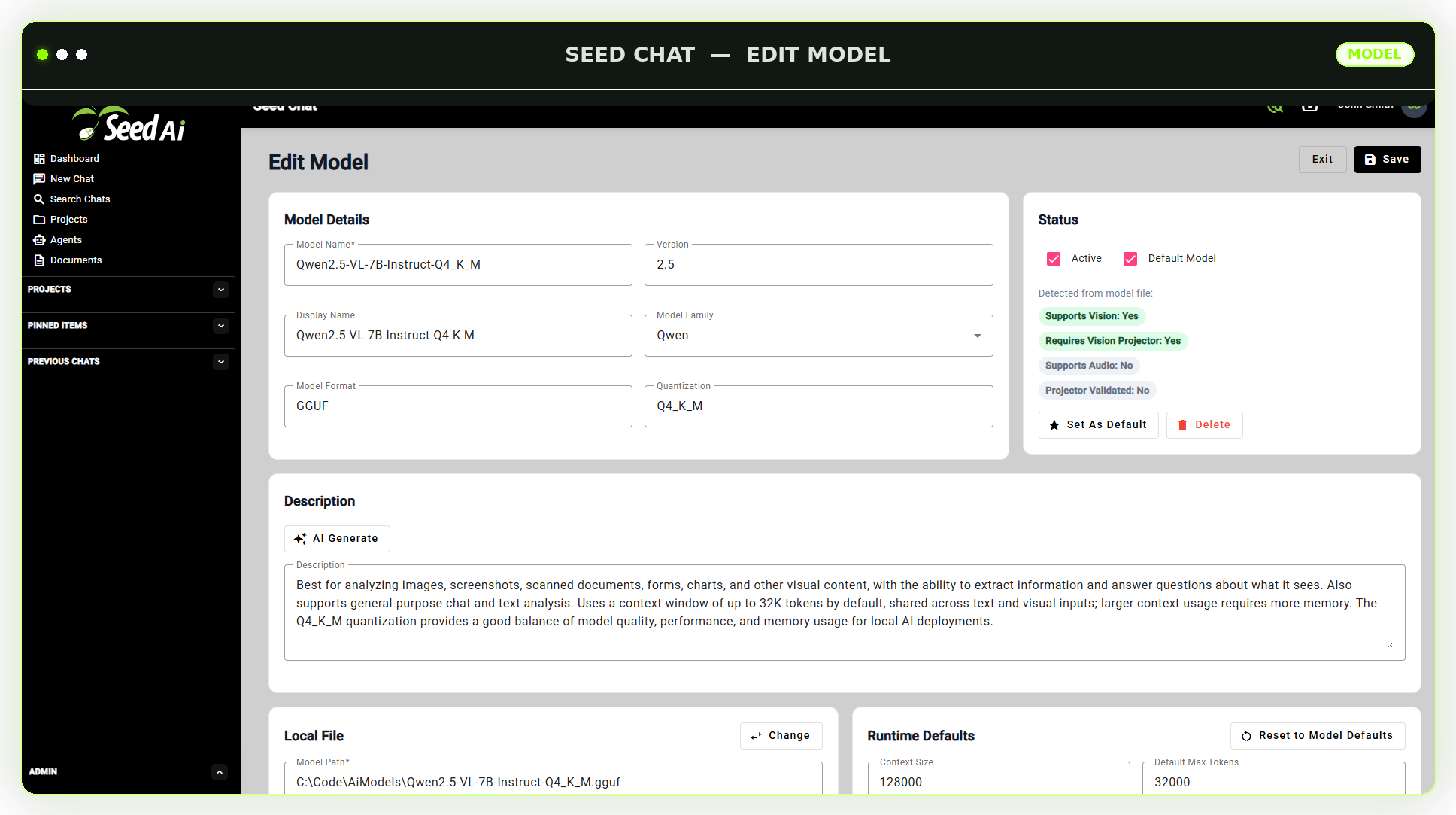 Seed AI model setting page