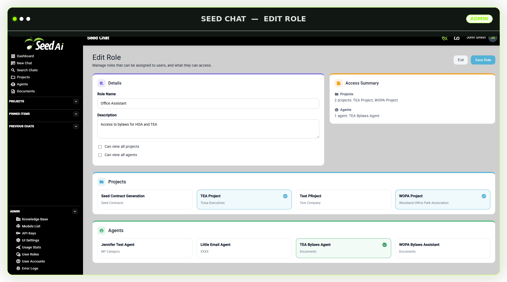 Seed AI edit role screen showing role details, access summary, assigned projects, and assigned agents