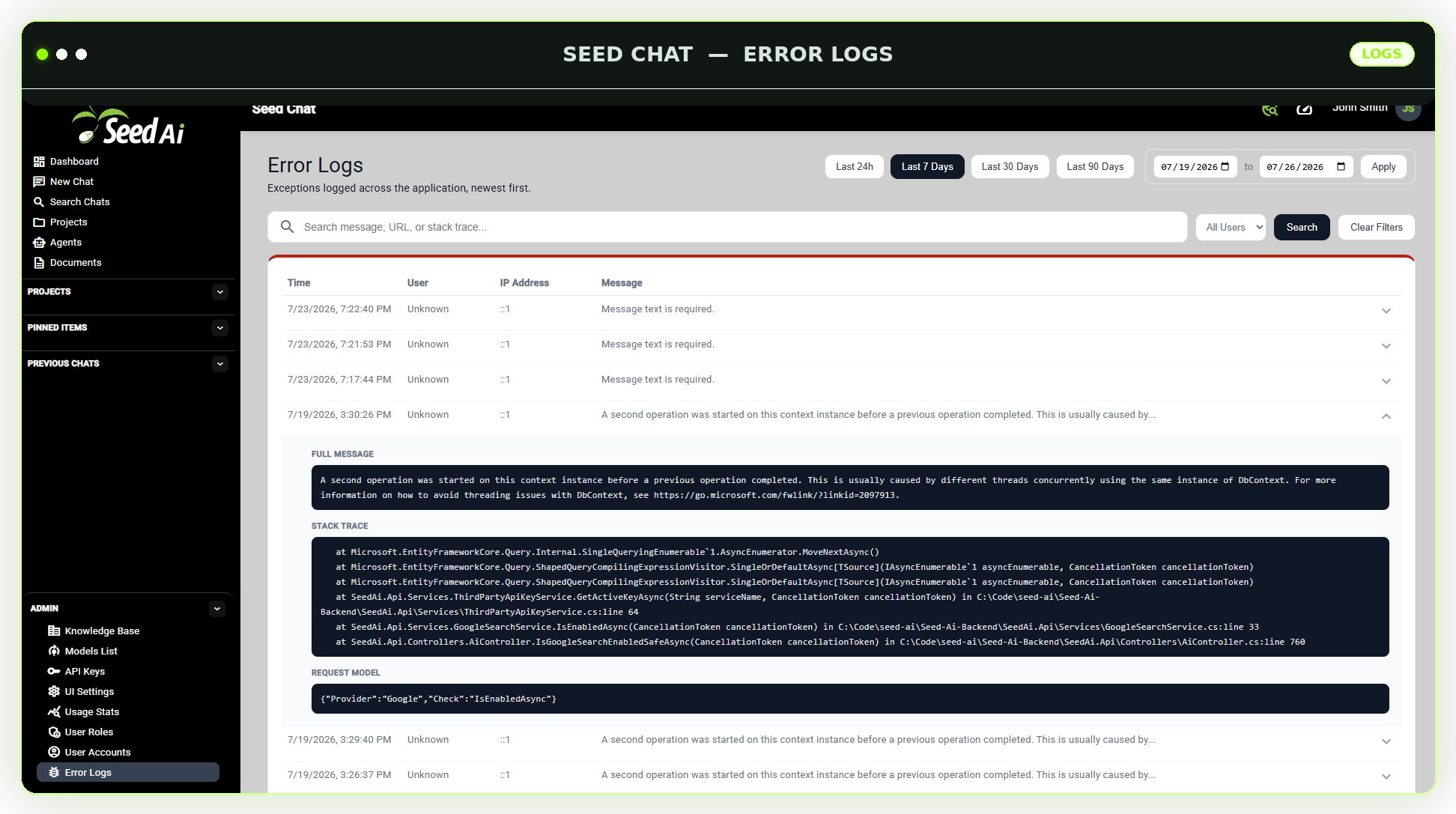 Seed AI Error Logs screen showing a searchable, filterable list of exceptions with an expanded stack trace