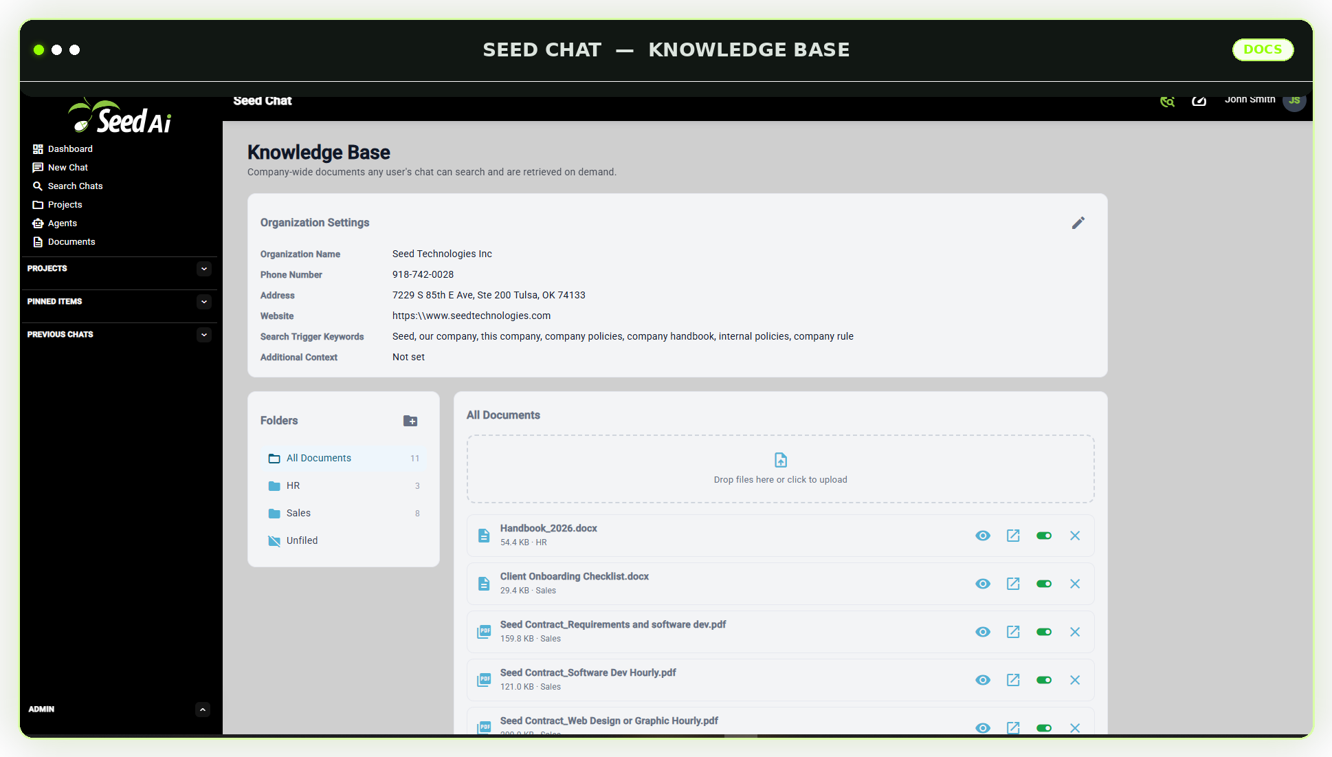 Seed AI knowledge base screen showing organization settings, folders, and uploaded documents