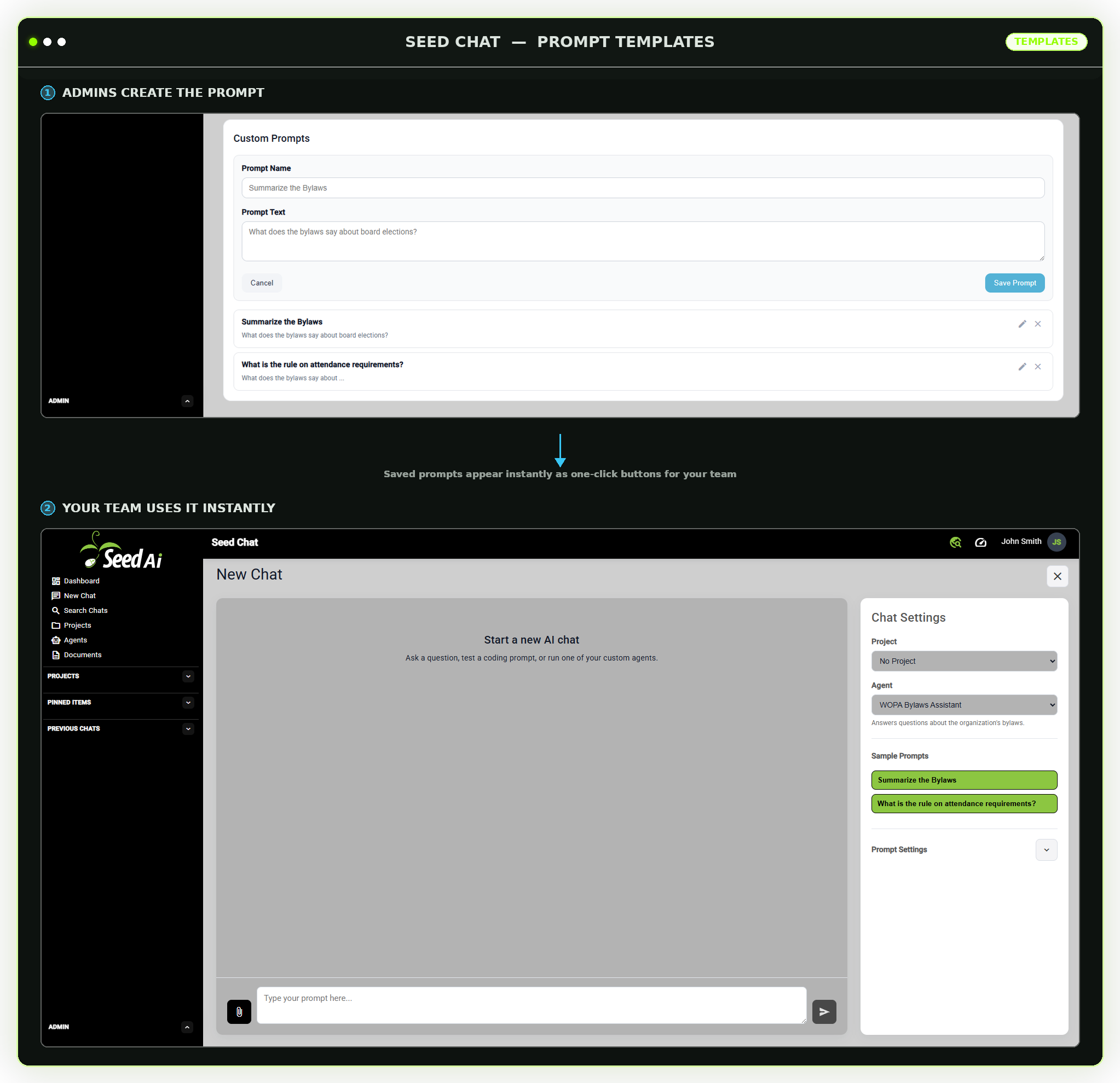 Seed AI custom prompts screen showing saved prompt templates with edit and delete controls