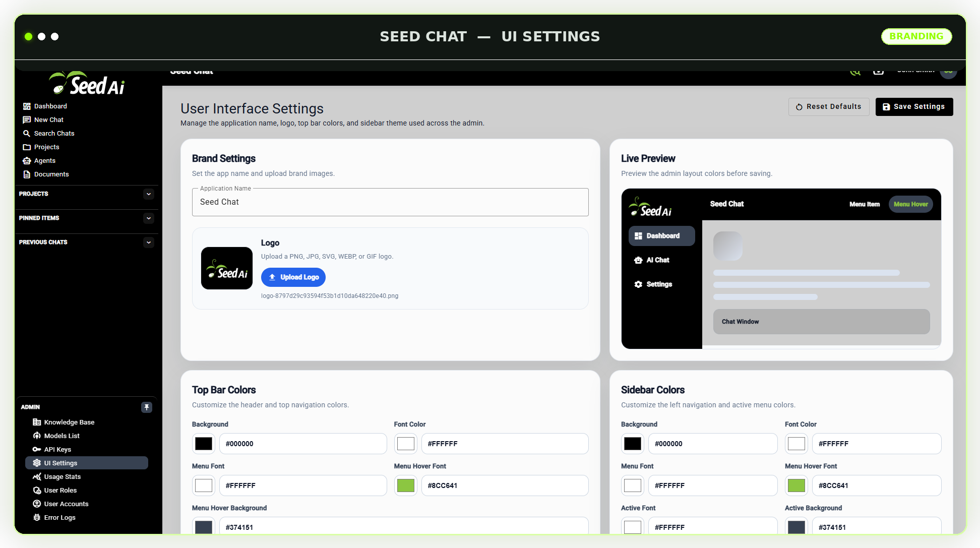 Seed AI User Interface Settings screen showing brand settings, logo upload, top bar colors, sidebar colors, and a live preview